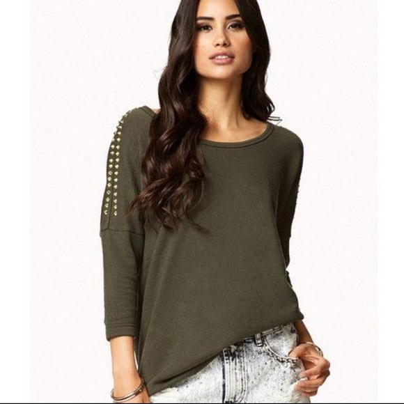 Forever 21 Sweaters - Olive Green Quarter Sleeve Stud Shoulder Sweater
